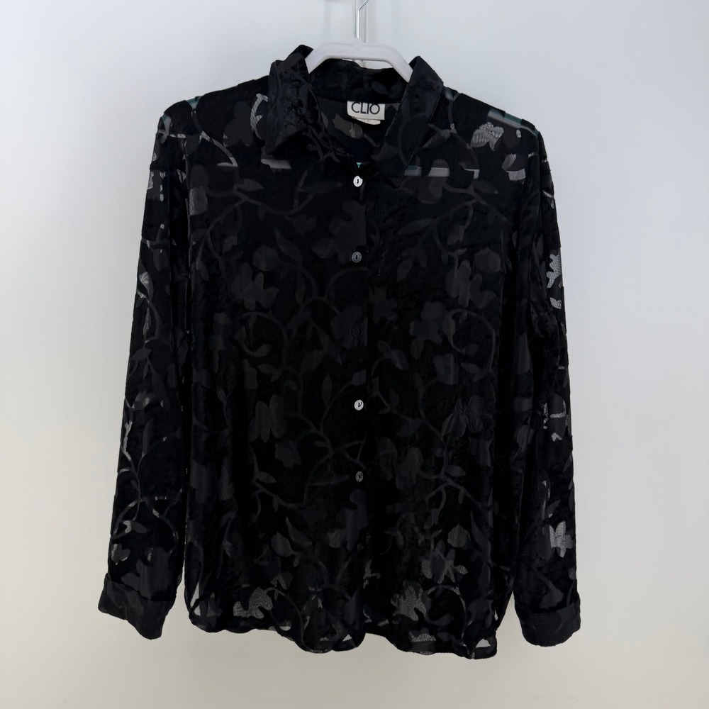 Clio Button Down Shirt Women Medium Black Floral Burnout Sheer Velvet Goth Moody